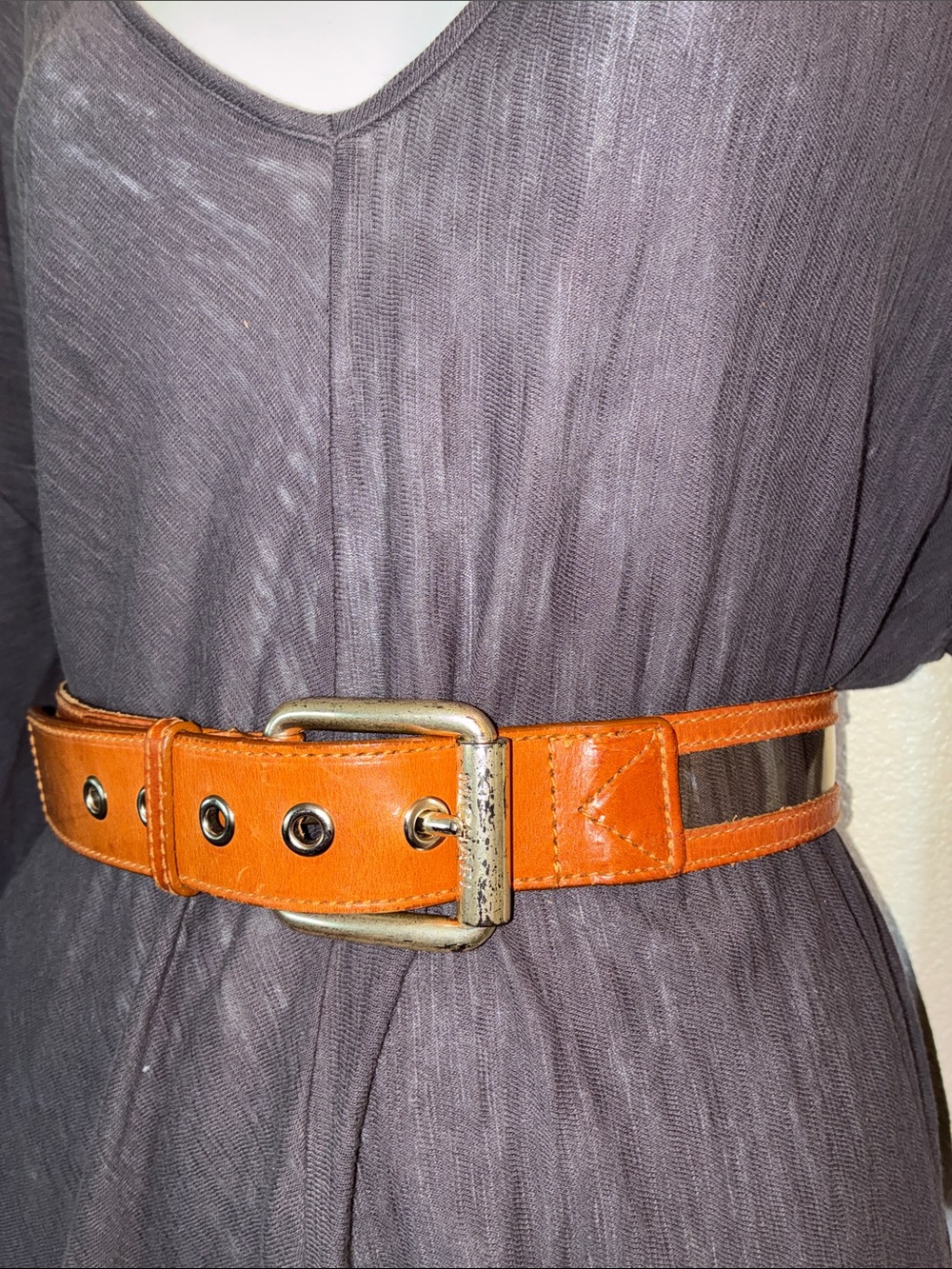 Michael Kors Leather Belt Women's L, rust brown with acrylic strip, monogram GUC